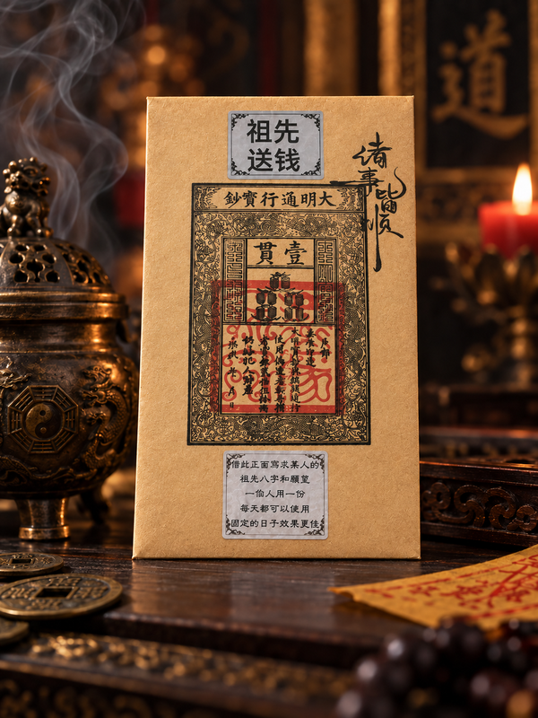 Ancestral offering design with Chinese calligraphy on a gold-colored rectangular card