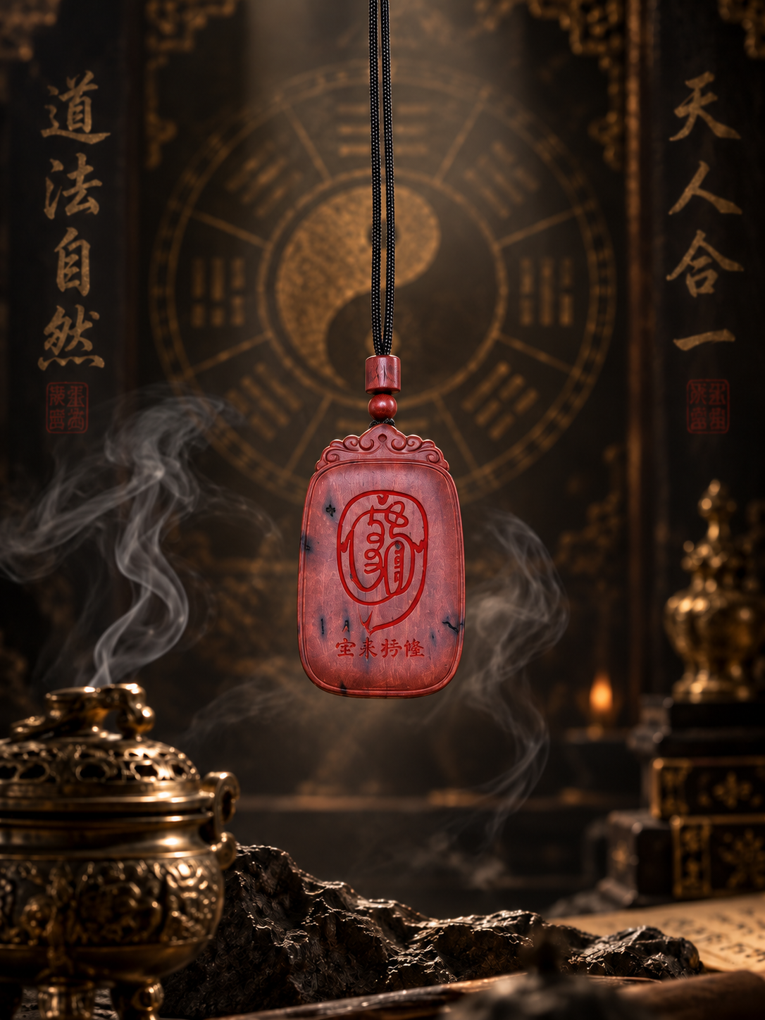Red oval Chinese talisman pendant on a dark cord
