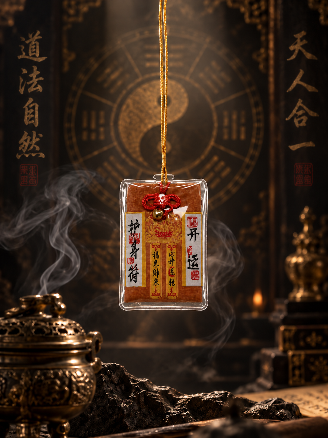 Rectangular Chinese talisman charm with a gold-colored cord and red knot