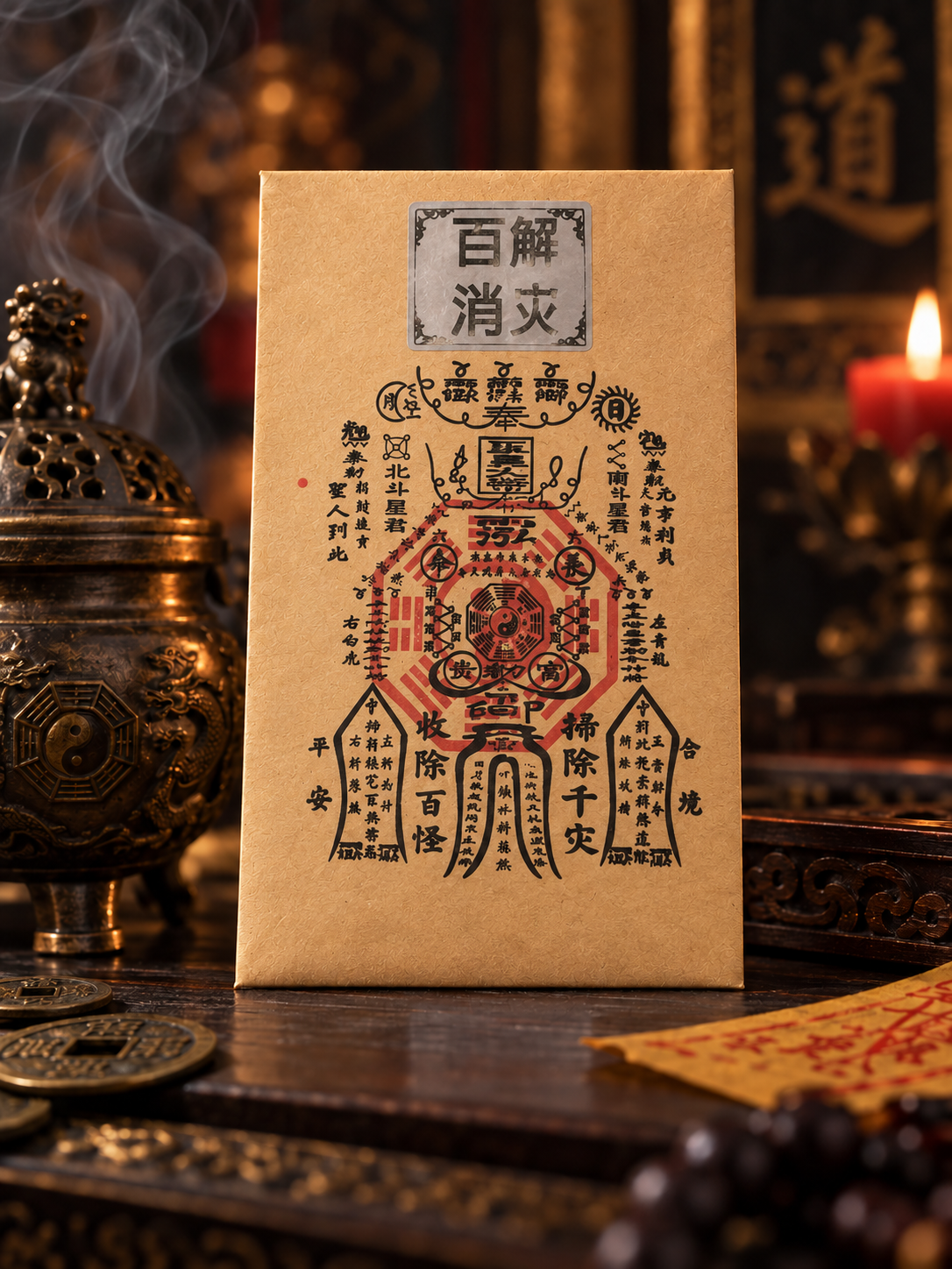 Gold-colored Chinese talisman card with a circular symbolic design