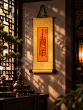Gold-colored Chinese talisman wall scroll with black hanging cord