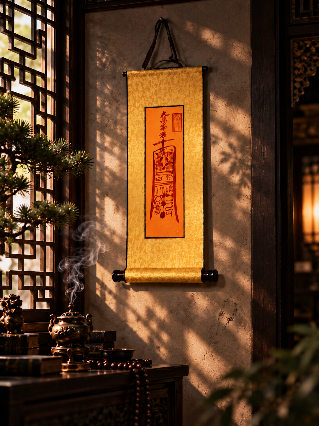 Gold-colored Chinese talisman wall scroll with black hanging cord