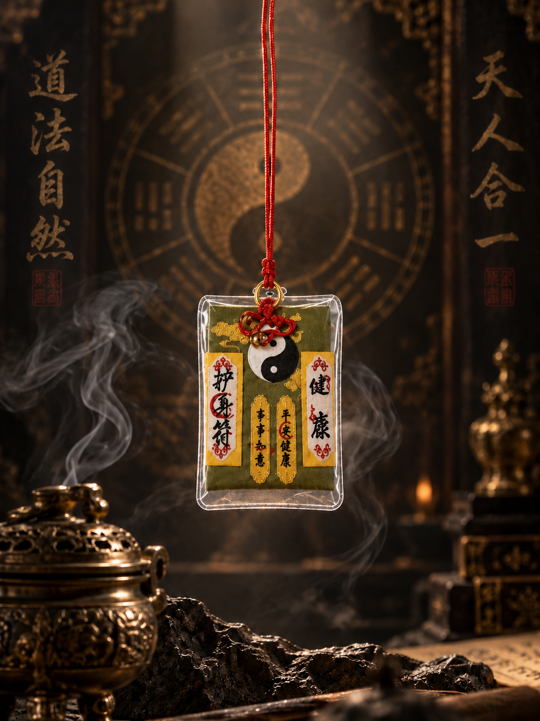 Yellow Chinese talisman charm with yin-yang symbol and red hanging cord