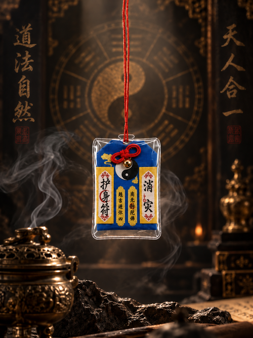 Blue Chinese talisman charm with yin-yang symbol and red hanging cord